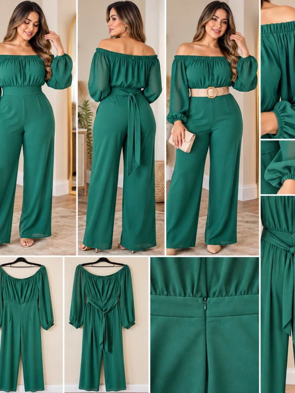 Fashion Nova Emerald Green Off-Shoulder Wide Leg Jumpsuit